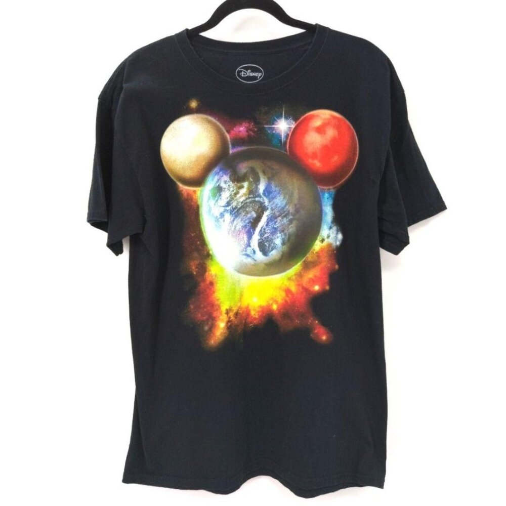 Disney Mickey Mouse T-Shirt Mens‎ L Black Space Planets Short Sleeve